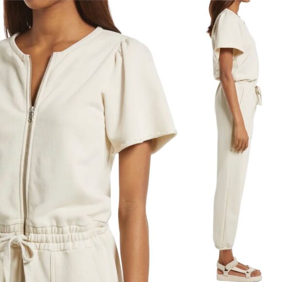 Rebecca Minkoff Mila Zip Front Short Sleeve Cream Cotton Jumpsuit Size Medium - Picture 4 of 16